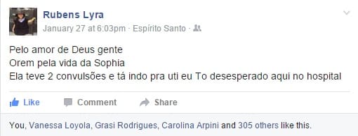 O primeiro pedido do pai comoveu os amigos, que iniciaram uma corrente de oração. Foto: Facebook.