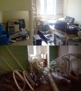 Um cômodo virou depósito de computadores e em outro há uma árvores de natal desmontada. Fotos: colaborador