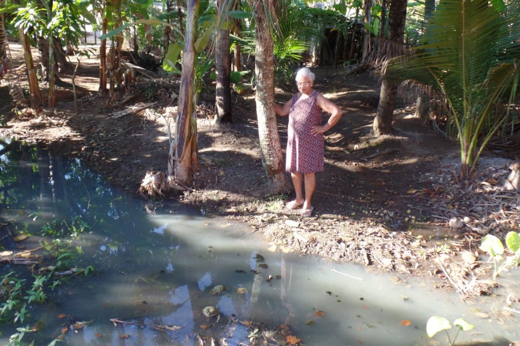 Marinalva, 77 anos, há 50 vivendo no mesmo lugar, observa impotente o esgoto represado em seu quintal. Foto: João Thomazelli/Portal 27